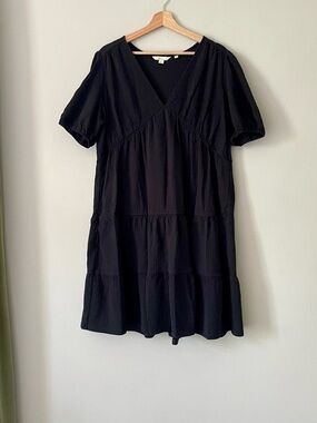 Boden Black Cotton Seersucker V-Neck Tiered Dress 12L